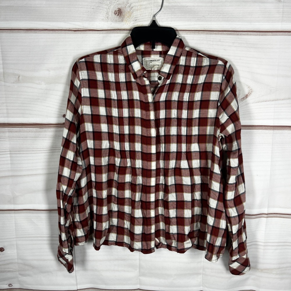 Current/Elliott Plaid Shirt Womens 0 XS Red Plaid Pintuck Button Up Long Sleeve